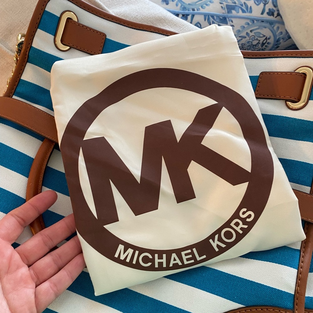 Michael Kors Aqua Blue Striped Hamilton Tote Bag - Picture 9 of 12